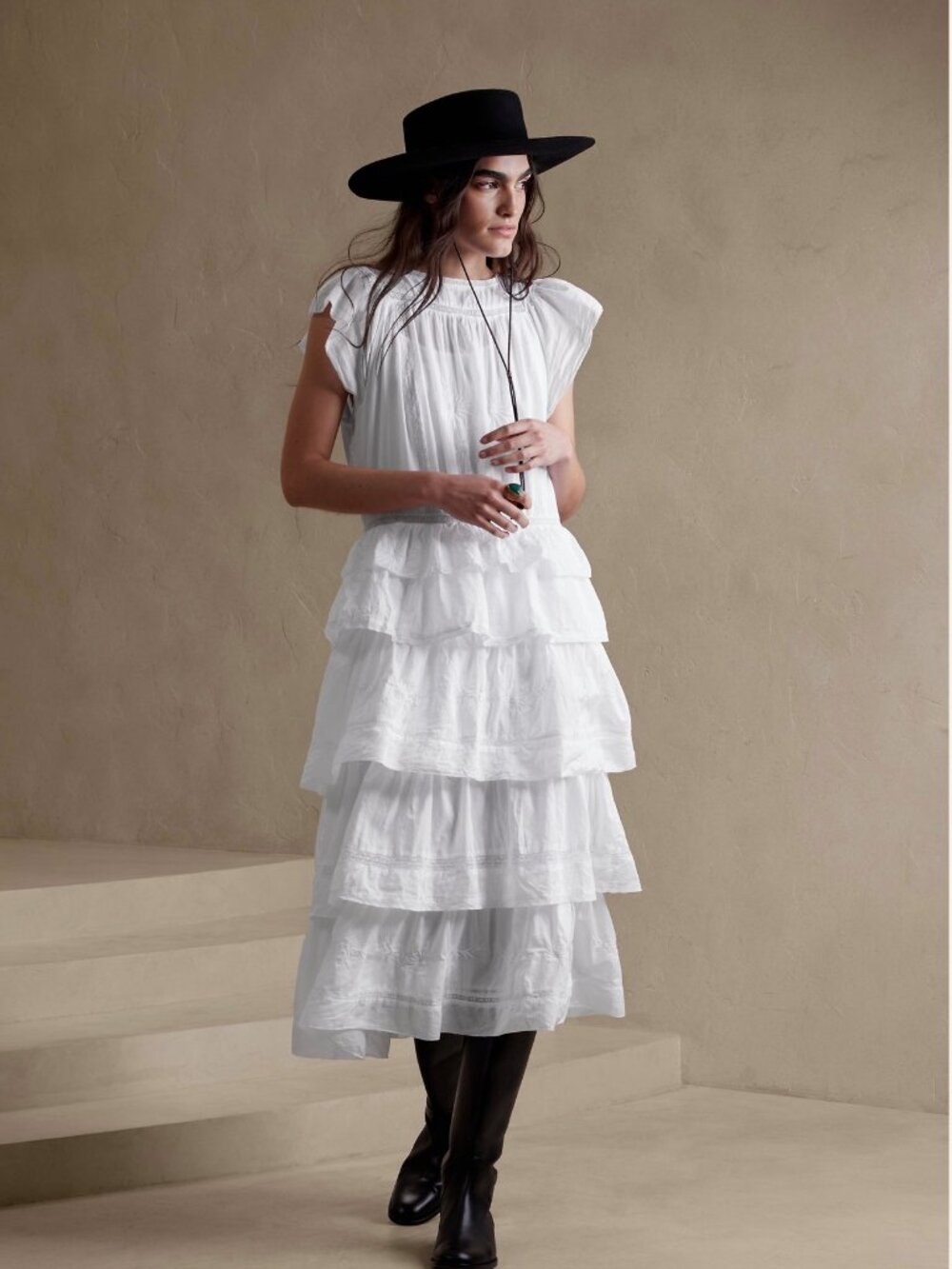 Banana Republic White Selene Embroidered Tiered Midi Dress/Small - New with Tag